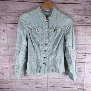 Pomodoro Linen Jacket Blazer Top Button Up Woman’s Sz 4 Blue Travel Lightweight